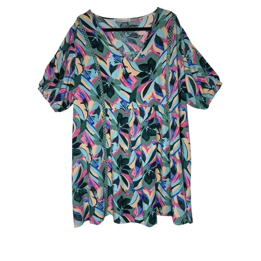 Rusttydustty Mini Dress/Beach Cover Up Teal/Pink Tropical Size 2XL Summer, Boho
